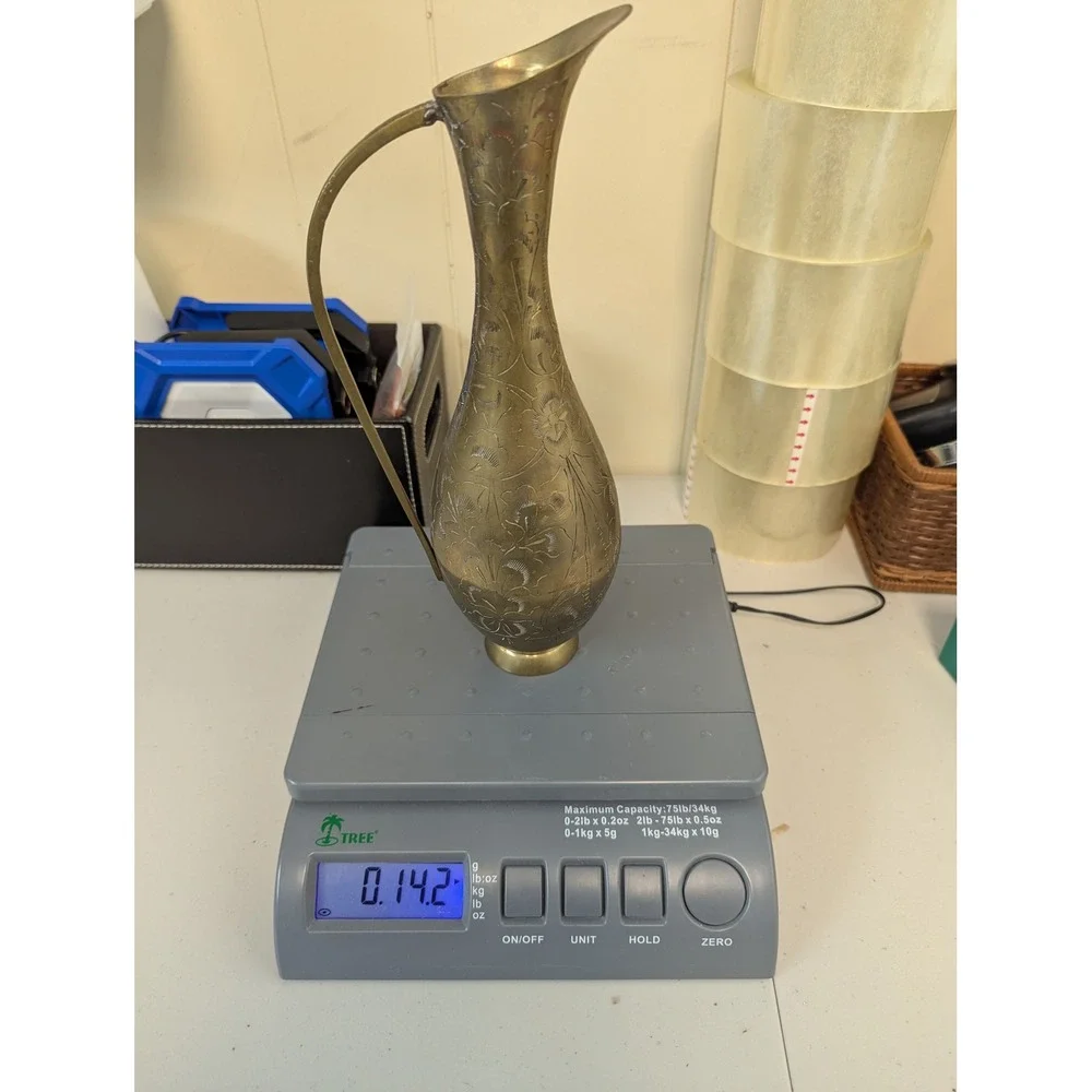 Vintage Brass Pitcher Etched Floral Hand Crafted India Decorative Vase 11in